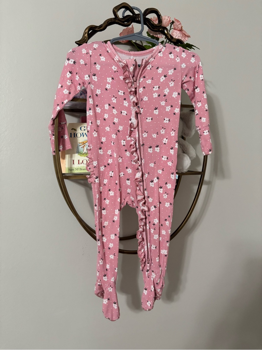Posh Peanut Pink Floral Ruffle Footed One-Piece